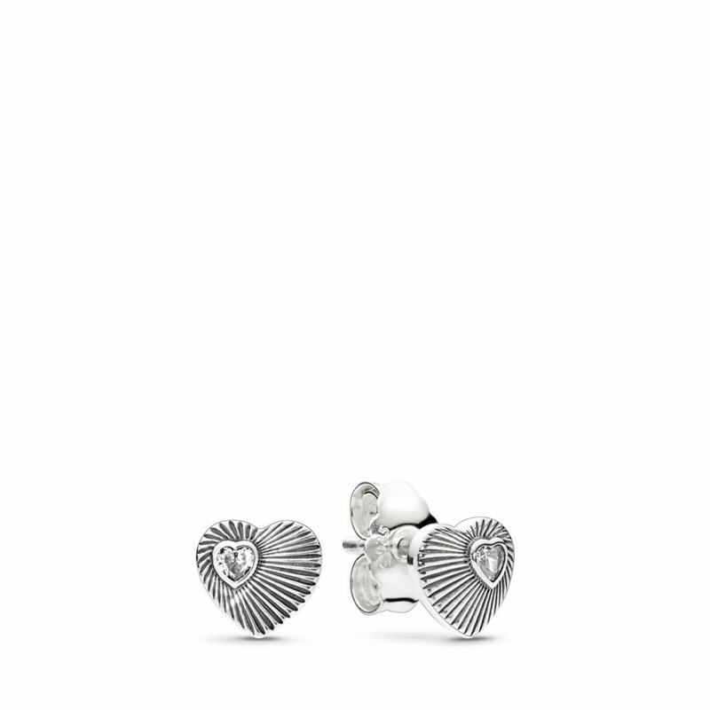 Pandora Vintage Heart Fans Stud Earrings Europe - Sterling Silver/Cubic Zirconia - 649517ULH